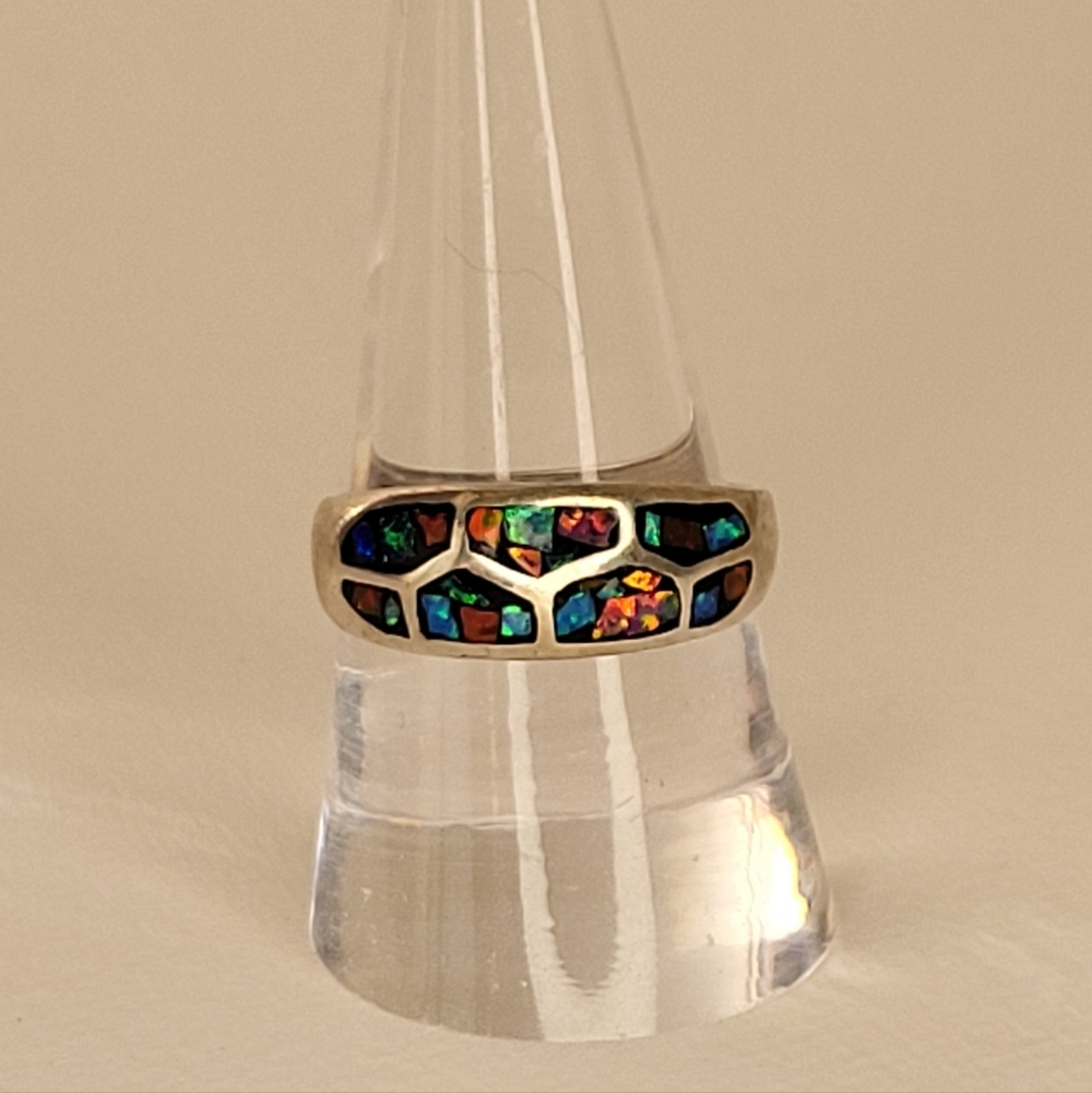 Taxco Silver Ring with Vibrant Multicolor Inlay Size 8.5 **PRICE FIRM**